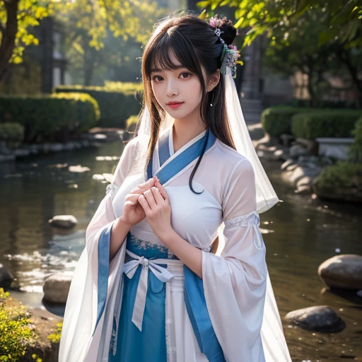 best quality, Delicate face，beautiful visual work, lifelike, eternity, black hair, Long curly hair, blunt bangs, Smile, Detailed Background, Delicate face，blush，cold，((masterpiece))、(top quality)、8k、high detail、Super detailed，21 years old female，身穿唐制Hanfu、waist skirt, Clothes are light and fluffy，Hanfu, wide sleeves, Transparent sleeves, Tunic, Clothes made of chiffon, Seductive and whimsical style、masterpiece、born、Scenes resembling fairy tale illustrations、intricate details和複雜的設計、Beautifully、magic、capricious、 Beautifully、Dream aesthetics、「𝓡𝓸𝓶𝓪𝓷𝓽𝓲𝓬、ethereal、charming、fickle、magic」、realism、Visual effects、FXAA、SSAO、Shader、voiceless、ambient lighting、Tone mapping、High resolution、Ultra high quality、Million pixels、(8K resolution:1.10)、8k、8k以下、8K resolution、high detail、intricate details， (high quality:1.2、masterpiece:1.2、:1.21)、(21 years old female:1.21)、(興奮地Smile)、(被dream般的氛圍所包圍、Model diagram，full-body shot，Normal 2 feet，Put your hands behind you，The protrusion of the breast is visible when wearing clothes, Large Breasts, H cup chest, antiquity, Xian Xia, gauze clothes, Soft and fluttering, Fairy, dream, fantasy, light, Elegant, nature, Immortal, romantic, classical, ribbon, pink clothes, By the stream
