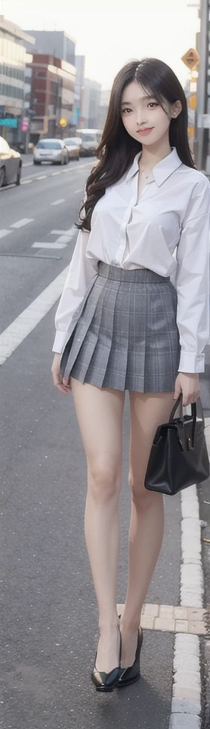 1 beautiful girl, Sad Japanese girl, Long Hair, 18-year-old, A beautiful face without blemishes, Rosy Face, Iris, Thin eyebrows, The most thorough makeup is the eyelashes, Pink lipstick, lips , Elegant smile, Her breasts are big and round, Narrow waist, Big Breasts, moderately large butt, Long legs, Reaches up to the waist、Wear a thin, semi-transparent white button-up shirt that reveals your underwear, She is wearing a grey plaid pleated mini skirt., high school student, Black Loafers, Thighs, Long Hair, Visible body curves, Straightly stretched hair, One afternoon, The sun goes down, The sky is orange, Sunny sunset background image, Quality Best image quality, 8K quality, Real Girls, artwork, whole body
