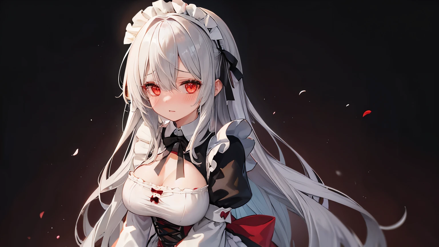 One Girl、Gray Hair、Long Hair、Straight Hair、Red eyes、Embarrassed、blush、Big Breasts、valley、Maid clothes、Black Background、Eyes Wide Open、Yandere、Insanity、Hollow Eyes
