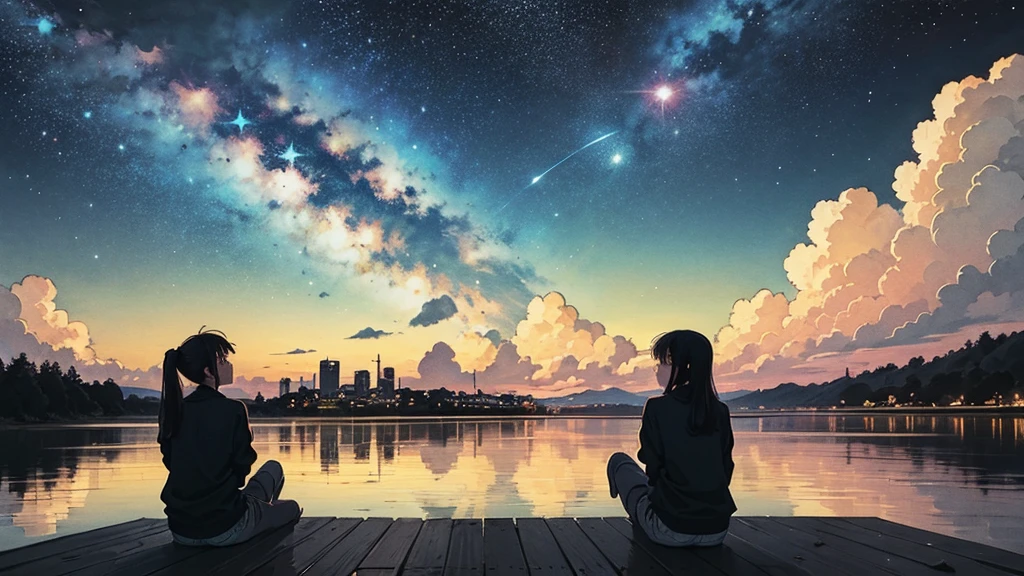 1 girl, 90s anime style,Octane, null, star (null), scenery, starry null, night, night null, alone, (Back view), Perfect hands, Outdoor, building, cloud, milky way, Sitting, wood, Country town, silhouette, Cityscape