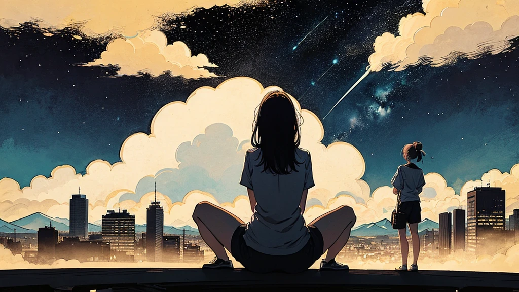 1 girl, 90s anime style,Octane, null, star (null), scenery, starry null, night, night null, alone, (Back view), Perfect hands, Outdoor, building, cloud, milky way, Sitting, wood, Country town, silhouette, Cityscape