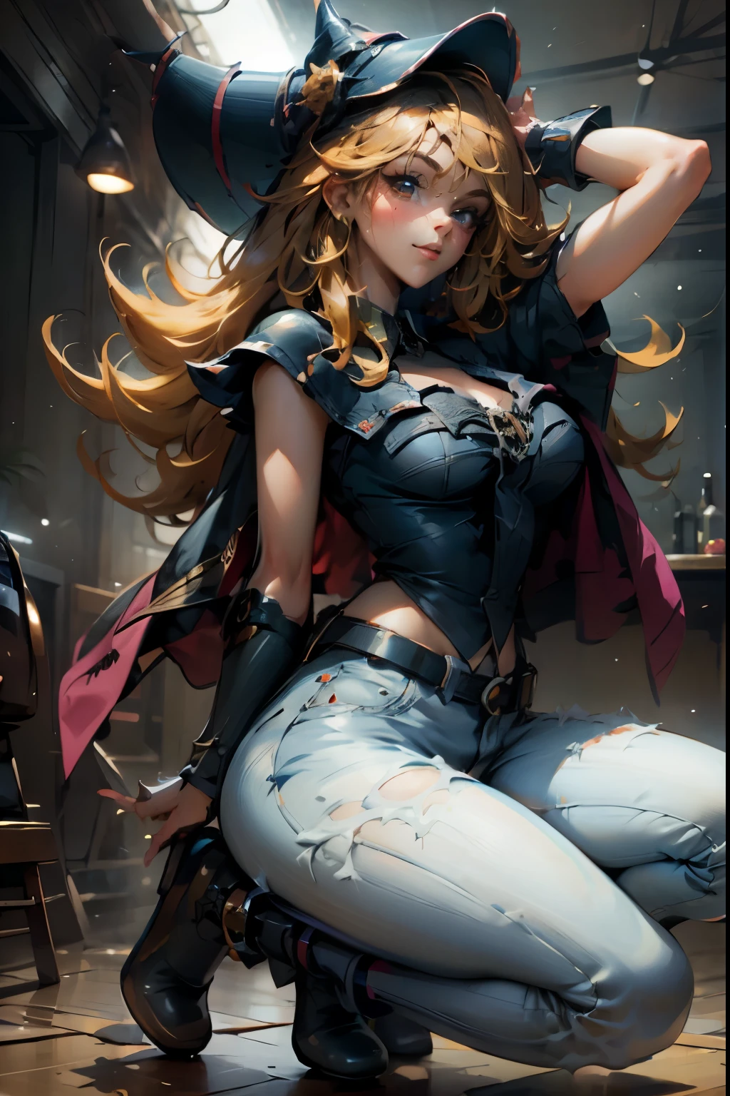 Beautiful dark wizard girls waving, smiles and is flirtatious. she is dressed in dark, tight jeans and heels . Dark jeans and gold heels.. pose sexy
