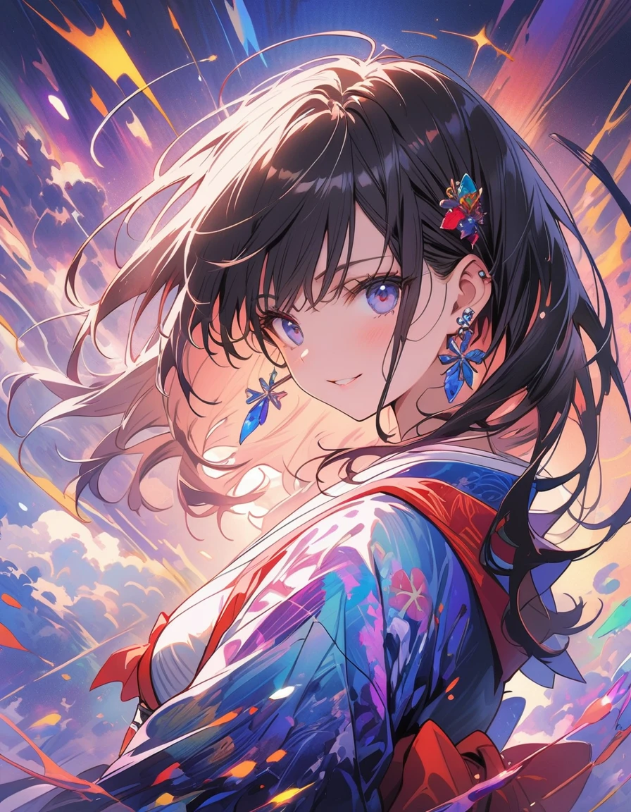 (masterpiece、Highest quality、Highest quality、Official Art、Beautiful and aesthetic:1.2)、(One Girl:1.3)、Black-haired、Straight Hair、Align your bangs、Very detailed、(Fractal Art:1.5)、(colorful:1.2)、Highest detail、(Tangled:1.2)、(Dynamic Pose、sideline)、(Abstract background:1.5)、(Japanese clothing:1.2)、(Glowing Skin)、(Many colors:1.2)、(Earrings:1.4)、The background is blue tone、