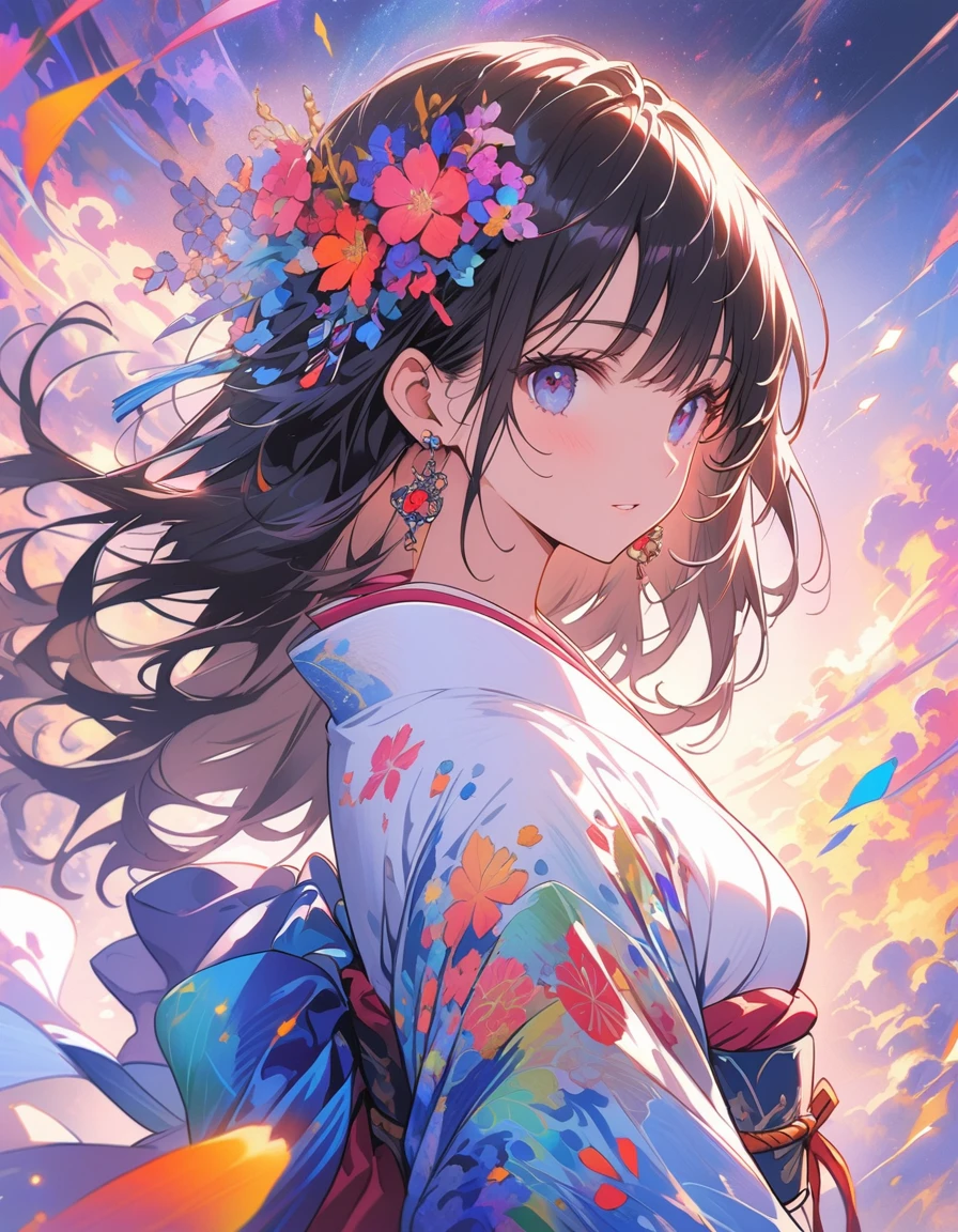 (masterpiece、Highest quality、Highest quality、Official Art、Beautiful and aesthetic:1.2)、(One Girl:1.3)、Black-haired、Straight Hair、Align your bangs、Very detailed、(Fractal Art:1.5)、(colorful:1.2)、Highest detail、(Tangled:1.2)、(Dynamic Pose、sideline)、(Abstract background:1.5)、(Japanese clothing:1.2)、(Glowing Skin)、(Many colors:1.2)、(Earrings:1.4)、The background is blue tone、