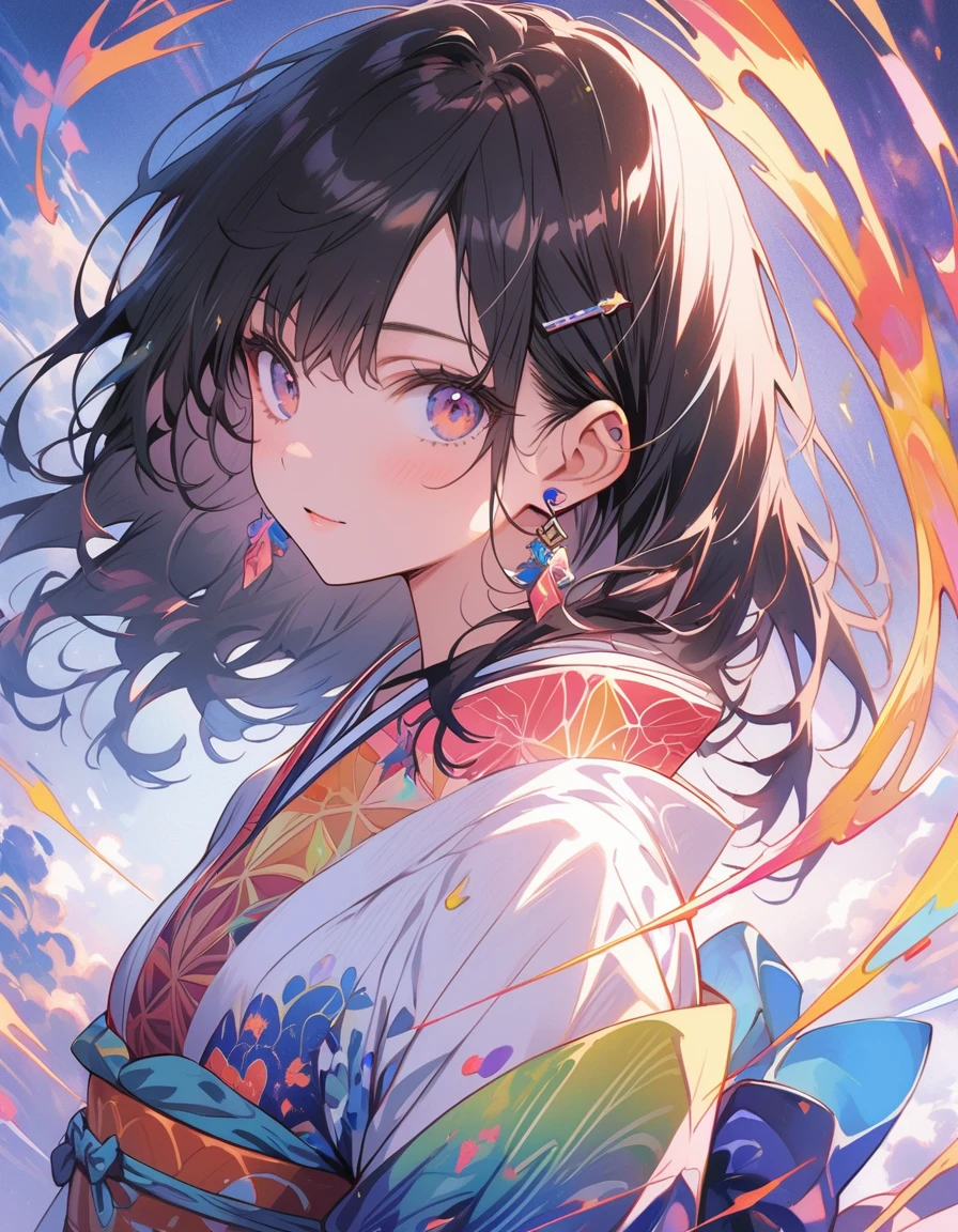 (masterpiece、Highest quality、Highest quality、Official Art、Beautiful and aesthetic:1.2)、(One Girl:1.3)、Black-haired、Straight Hair、Align your bangs、Very detailed、(Fractal Art:1.5)、(colorful:1.2)、Highest detail、(Tangled:1.2)、(Dynamic Pose、sideline)、(Abstract background:1.5)、(Japanese clothing:1.2)、(Glowing Skin)、(Many colors:1.2)、(Earrings:1.4)、The background is blue tone、
