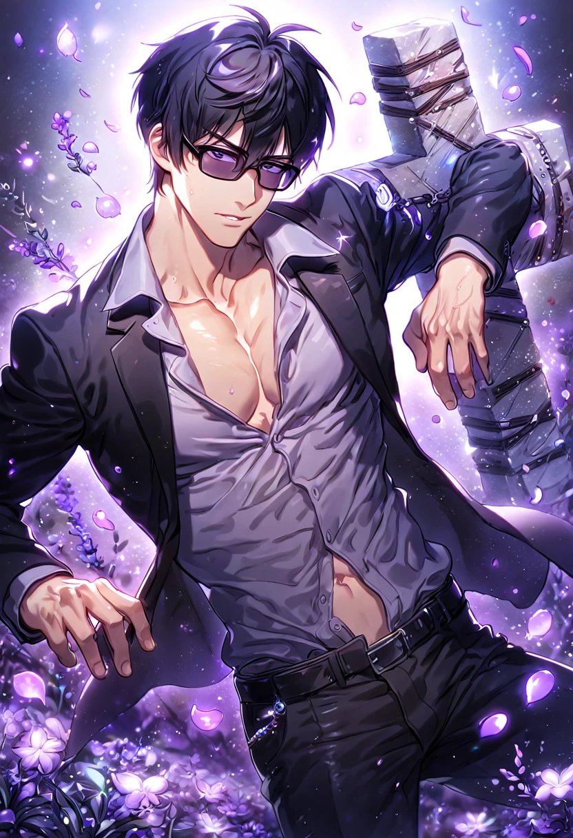 Ultra detailed, HDR, Highres, absurdres, master piece, Nicholas D. Wolfwood, black hair, expressive gray eyes, black sunglasses, black jacket, grey shirt, black pants, Trigun, sexy man, handsome, purple flowers, petals, fantasy, magical, purple leaves, handsome, best quality, glittering, manly man, sensual, horny, water, purple shining fireflies, solo,