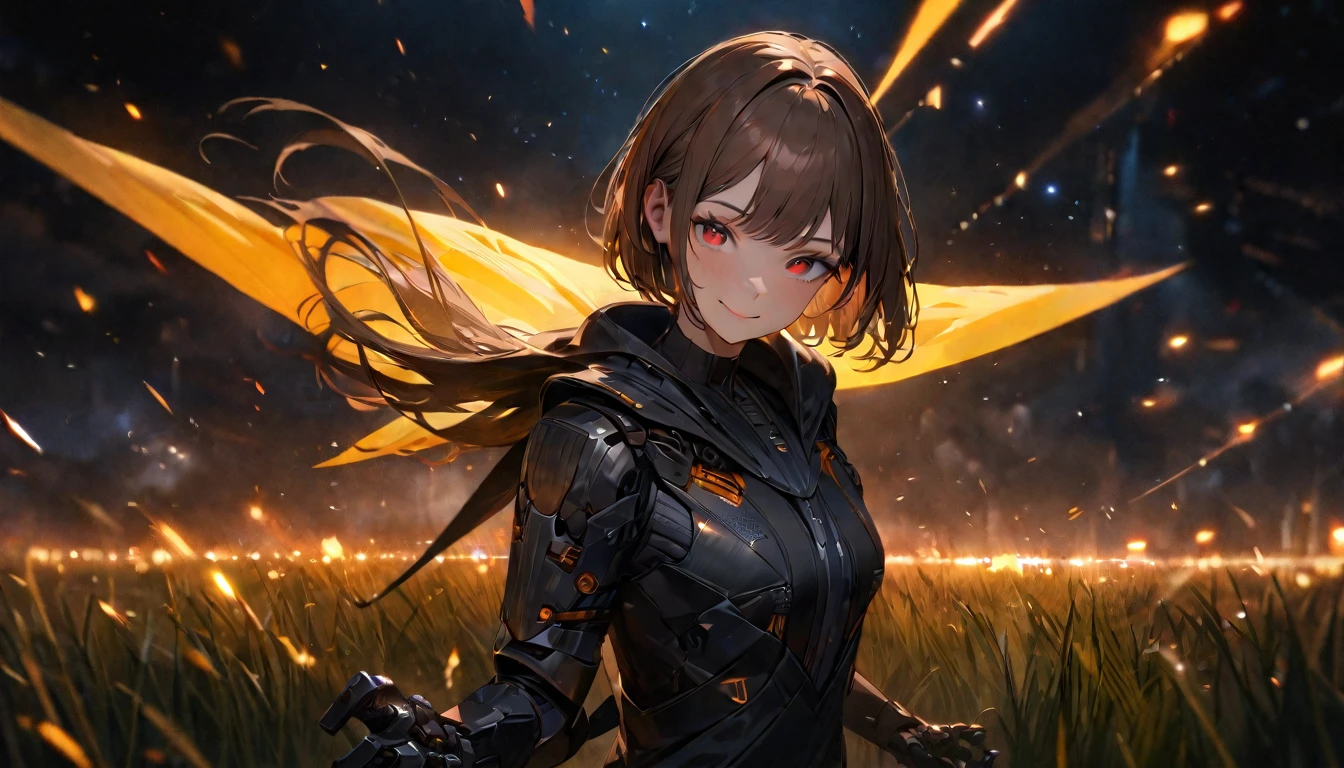 (Super detailed, ultra hd, 8k, best quality, masterpiece, super realistic, realistic light) girl, mecha hand, short hair, straight hair, glazing hair, brown hair, red eye, detailed eye, round eyeglasses, perfect face, standing, smiling, charging (night, field,  smile environment)