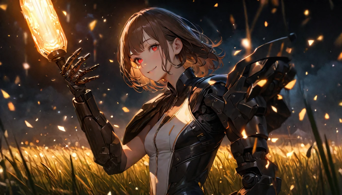 (Super detailed, ultra hd, 8k, best quality, masterpiece, super realistic, realistic light) girl, mecha hand, short hair, straight hair, glazing hair, brown hair, red eye, detailed eye, round eyeglasses, perfect face, standing, smiling, charging (night, field,  smile environment)