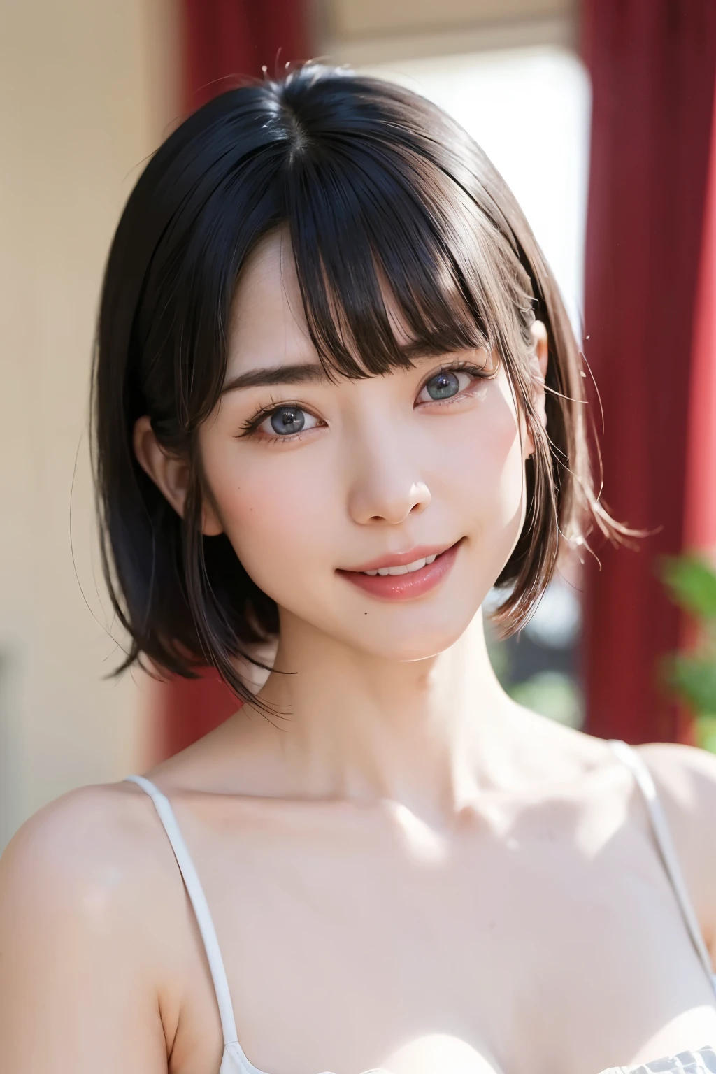 (Tabletop, Highest quality、Very attractive adult beauty、Add strong highlights to the eyes、Look closely at the camera:1.4、A beautiful woman with mature charm、Ideal body type、Perfect Anatomy、Short brunette bob、Shiny Hair、Lip gloss),One Girl, alone, 明るい茶色のShiny Hair, scarf,Realistic, Looking at the audience、Please tilt your head a little, Bright colored crystal light blue eyes, 短いShiny Hair、 chestの中央に穴が開いた白いタートルネックの服,chestの真ん中に丸い穴が開いたセクシーな白いタートルネックのニットセーター、 lips, Lip gloss，prohibit, Upper Body、Big eyes、eyelash、Face is a little red、Embarrassing)、((Italian road system in winter))、((Short hair with bangs、Big eyes、Give students a very strong highlight、{Huge|big|Hugeな|Mega} chest:1.4、very bigger chest、Gazing at the audience、Very beautiful beauty、Listen carefully、Long neck、Laugh a little、Beautiful Teeth、Laughing with your mouth open、Heart-shaped pupils))、28 years old、Very cute supermodel、