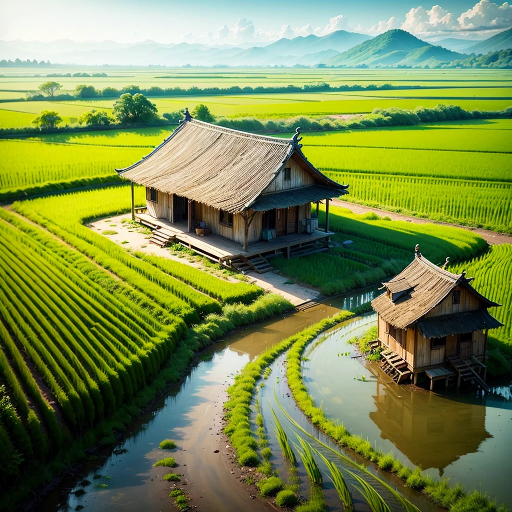 Watercolor Countryside Flower Sea 4k Rice Fields Relaxing Country Earthen House --auto