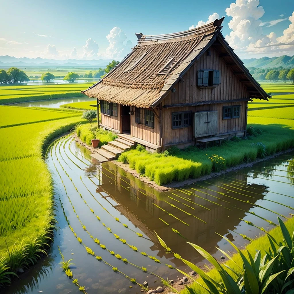 Watercolor Countryside Flower Sea 4k Rice Fields Relaxing Country Earthen House --auto