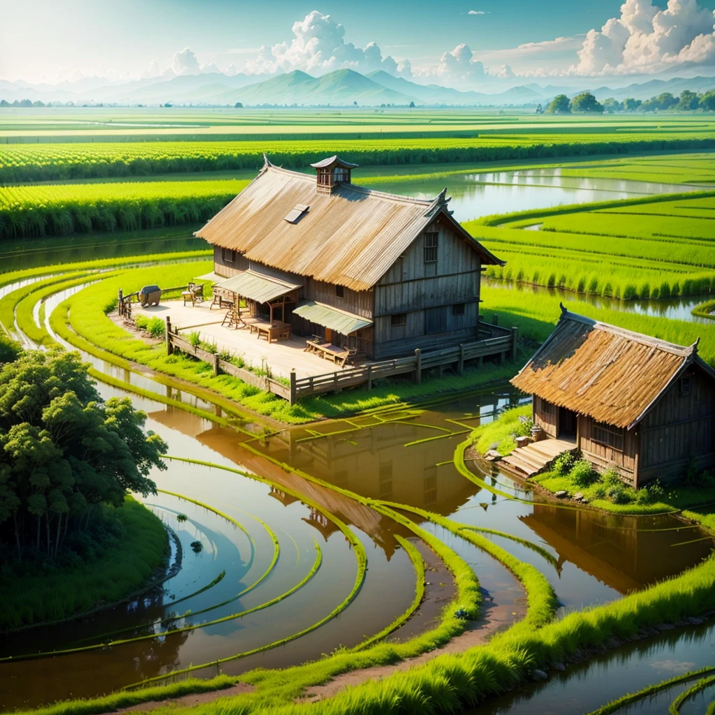 Watercolor Countryside Flower Sea 4k Rice Fields Relaxing Country Earthen House --auto