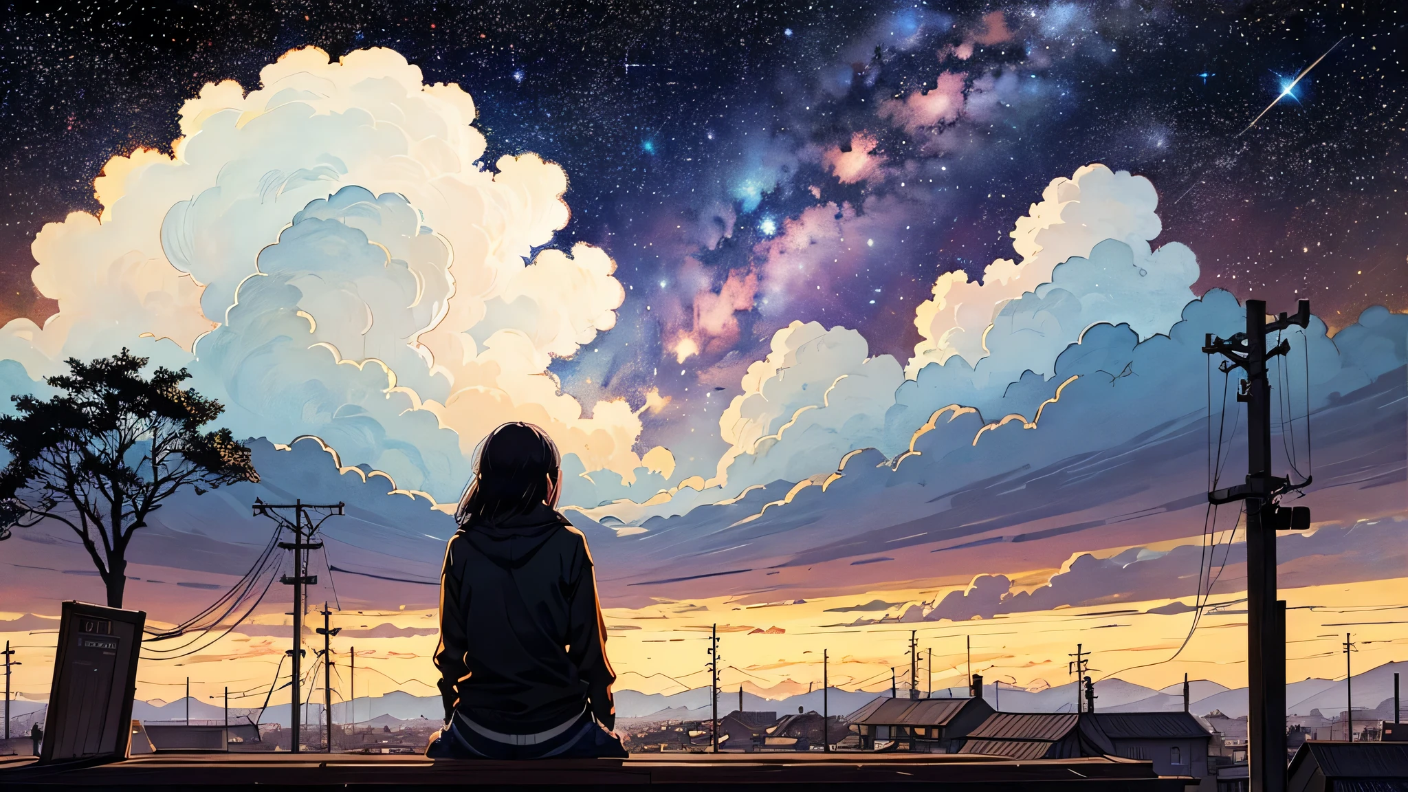 1 girl, 90s anime style,Octane, null, star (null), scenery, starry null, night, night null, alone, (Back view), Perfect hands, Outdoor, building, cloud, milky way, Sitting, wood, Country town, silhouette, Cityscape