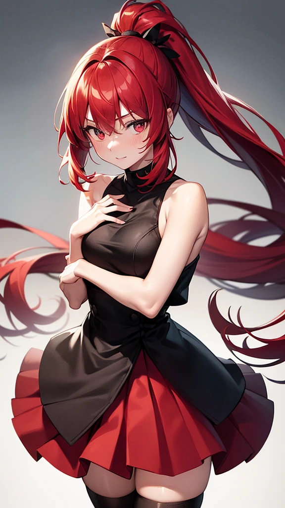 (Highest quality,High resolution,Very detailed,girl)black tights,Red hair,ponytail,Height: 150cm,cute,black eye,I'm wearing a red skirt,It has a lot of exposure,Her eyes are white and shining,Has bright white eyes,Has an embarrassed look,