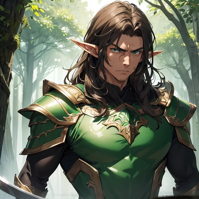 (absurdres, best high quality image, high resolution, carefuly detailed features and textures, very detailed image, solo character alone, full character front view): {{(1.000 years old male mature beautiful brown haired elf king), (tall and muscular, dark brown long hair, green eyes with black pupils, pointy elf ears, dark tanned skin, handsome beautiful male, sexy masculinity), (green royal battle helmet, nose armor, cheeks armor, green elvish battle armor, green cuirass, green belly steel, green elegant shoulder plates, green arm plates, green elbow plates, brown belt, green hip armor, green long armored boots, (two long swords, made of silver blades, green steel sword handles)), (aggresive combat posetion, angry face, clenching mouth, arms holding his swords), (beautiful forest of elves and green nature, green trees, blue flowers, silver lakes of water)}}