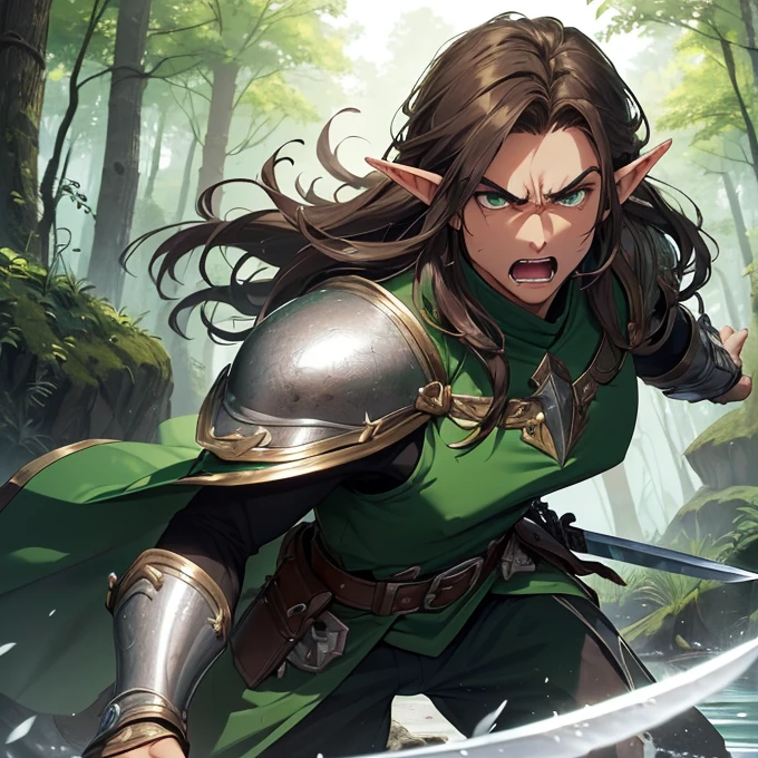 (absurdres, best high quality image, high resolution, carefuly detailed features and textures, very detailed image, solo character alone, full character front view): {{(1.000 years old male mature beautiful brown haired elf king), (tall and muscular, dark brown long hair, green eyes with black pupils, pointy elf ears, dark tanned skin, handsome beautiful male, sexy masculinity), (green royal battle helmet, nose armor, cheeks armor, green elvish battle armor, green cuirass, green belly steel, green elegant shoulder plates, green arm plates, green elbow plates, brown belt, green hip armor, green long armored boots, (two long swords, made of silver blades, green steel sword handles)), (aggresive combat posetion, angry face, clenching mouth, arms holding his swords), (beautiful forest of elves and green nature, green trees, blue flowers, silver lakes of water)}}