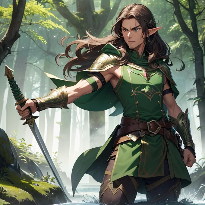 (absurdres, best high quality image, high resolution, carefuly detailed features and textures, very detailed image, solo character alone, full character front view): {{(1.000 years old male mature beautiful brown haired elf king), (tall and muscular, dark brown long hair, green eyes with black pupils, pointy elf ears, dark tanned skin, handsome beautiful male, sexy masculinity), (green royal battle helmet, nose armor, cheeks armor, green elvish battle armor, green cuirass, green belly steel, green elegant shoulder plates, green arm plates, green elbow plates, brown belt, green hip armor, green long armored boots, (two long swords, made of silver blades, green steel sword handles)), (aggresive combat posetion, angry face, clenching mouth, arms holding his swords), (beautiful forest of elves and green nature, green trees, blue flowers, silver lakes of water)}}