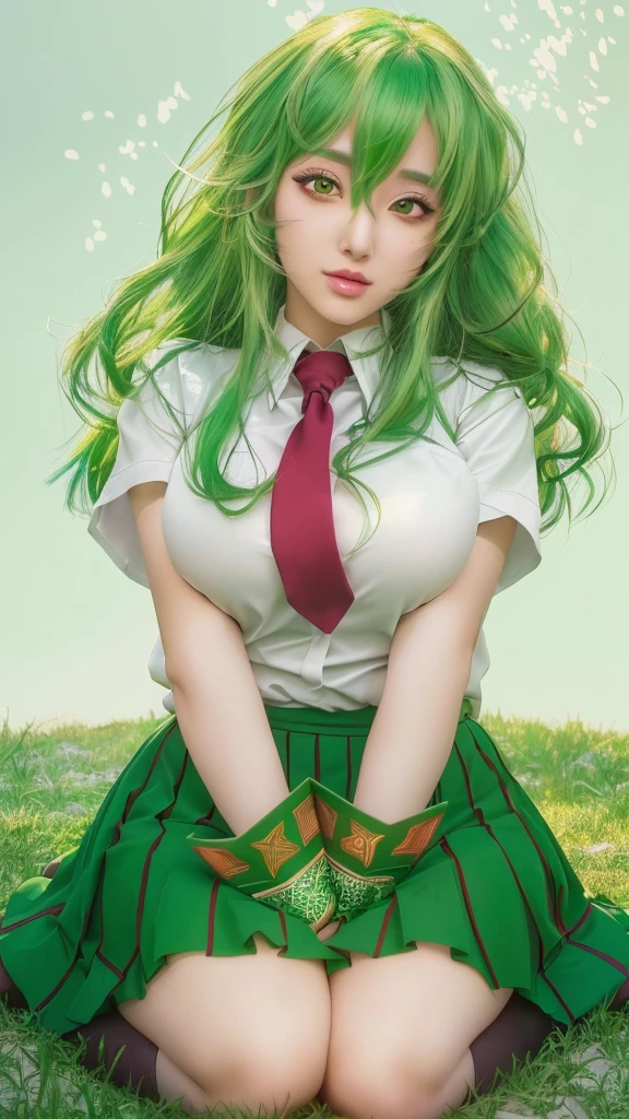 Arabian woman with green hair and red tie sitting on the ground, hyperRealistic school girl, a hyperRealistic school girl, Anime Girl Cosplay, Realistic school girl, Beautiful anime school girl, rei hiroe, Realistic young anime girl, Beautiful and attractive anime , Photorealistic Animation, Enchanting anime girl, Higurashi, Real life anime girls