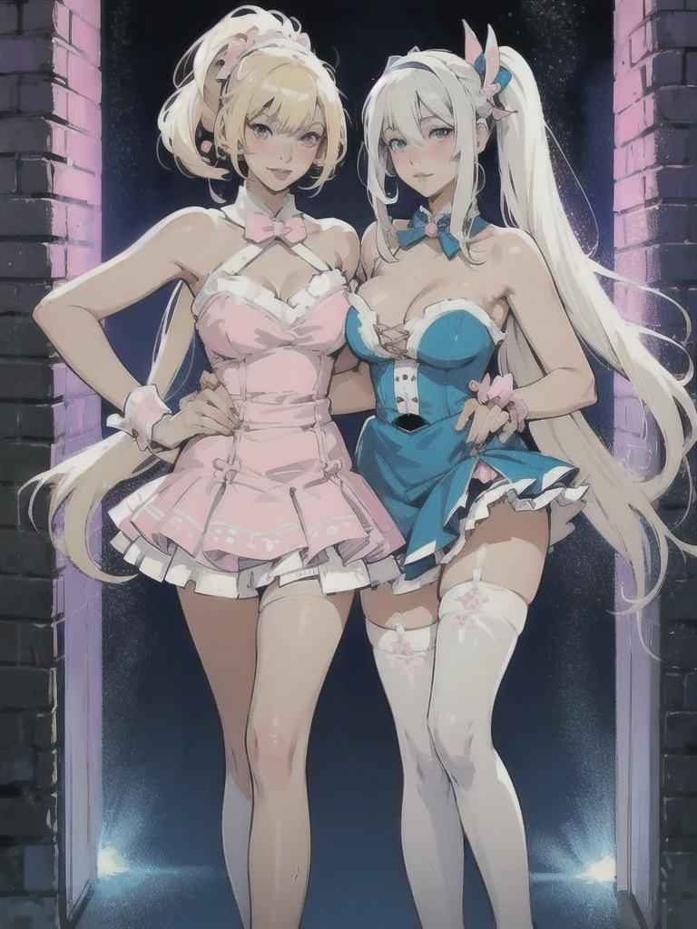 A blonde woman dressed in blue and pink is posing for a photo, Enchanting anime girl, Anime Barbie in White Stockings, Beautiful and attractive anime , Beautiful and attractive anime woman, Highly detailed art gems, Splash Art Anime Loliughty anime style, Top rated on pixiv, Naughty Style, Inspired by Masamune Shirow
