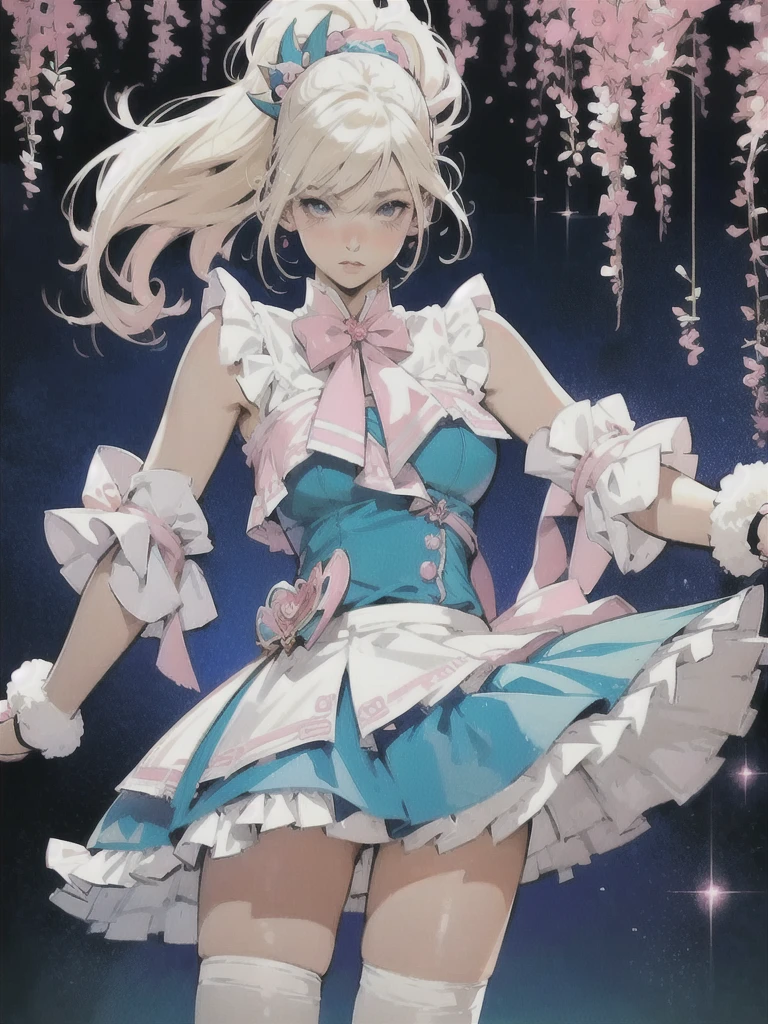 A blonde woman dressed in blue and pink is posing for a photo, Enchanting anime girl, Anime Barbie in White Stockings, Beautiful and attractive anime teen, Beautiful and attractive anime woman, Highly detailed art gems, Splash Art Anime ****, Naughty anime style, Top rated on pixiv, Naughty Style, Inspired by Masamune Shirow