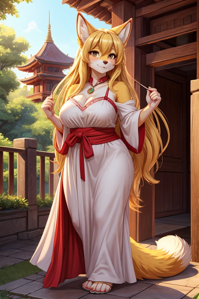 anime, kitsune, female, yellow fur, yellow hair, long hair, sundress, shrine, hazel eyes, solo, curvy, chubby, voluptuous, soft, kind, approachable,