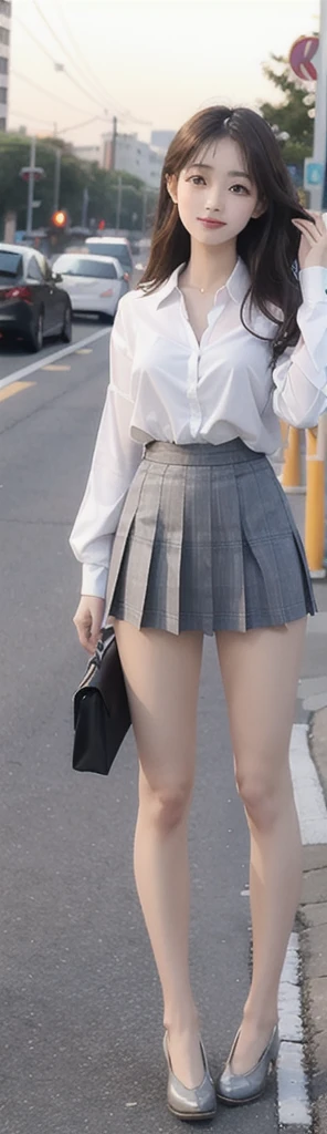 1 beautiful girl, Sad Japanese girl, Long Hair, 18-year-old, A beautiful face without blemishes, Rosy Face, Iris, Thin eyebrows, The most thorough makeup is the eyelashes, Pink lipstick, lips , Elegant smile, Her breasts are big and round, Narrow waist, Big Breasts, moderately large butt, Long legs, Reaches up to the waist、Wear a thin, semi-transparent white button-up shirt that reveals your underwear, She is wearing a grey plaid pleated mini skirt., high school student, Black Loafers, Thighs, Long Hair, Visible body curves, Straightly stretched hair, One afternoon, The sun goes down, The sky is orange, Sunny sunset background image, Quality Best image quality, 8K quality, Real Girls, artwork, whole body