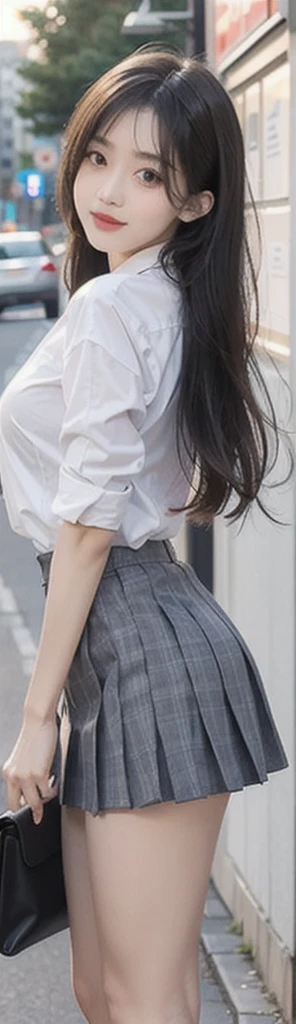 1 beautiful girl, Sad Japanese girl, Long Hair, 18-year-old, A beautiful face without blemishes, Rosy Face, Iris, Thin eyebrows, The most thorough makeup is the eyelashes, Pink lipstick, lips , Elegant smile, Her breasts are big and round, Narrow waist, Big Breasts, moderately large butt, Long legs, Reaches up to the waist、Wear a thin, semi-transparent white button-up shirt that reveals your underwear, She is wearing a grey plaid pleated mini skirt., high school student, Black Loafers, Thighs, Long Hair, Visible body curves, Straightly stretched hair, One afternoon, The sun goes down, The sky is orange, Sunny sunset background image, Quality Best image quality, 8K quality, Real Girls, artwork, whole body