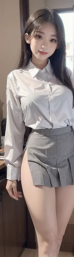 1 beautiful girl, Sad Japanese girl, Long Hair, 18-year-old, A beautiful face without blemishes, Rosy Face, Iris, Thin eyebrows, The most thorough makeup is the eyelashes, Pink lipstick, lips , Elegant smile, Her breasts are big and round, Narrow waist, Big Breasts, moderately large butt, Long legs, Reaches up to the waist、Wear a thin, semi-transparent white button-up shirt that reveals your underwear, She is wearing a grey plaid pleated mini skirt., high school student, Black Loafers, Thighs, Long Hair, Visible body curves, Straightly stretched hair, One afternoon, The sun goes down, The sky is orange, Sunny sunset background image, Quality Best image quality, 8K quality, Real Girls, artwork, whole body
