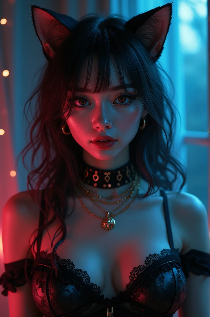 a beautiful young woman with cat ears and a cat-inspired outfit, detailed facial features, striking eyes, full lips, long eyelashes, elegant pose, glowing skin, intricate cat-like makeup, mysterious goth style, dramatic lighting, cinematic composition, hyper-realistic, 8k, high resolution, photorealistic, smooth shading, vivid colors, dramatic lighting, concept art style, digital painting