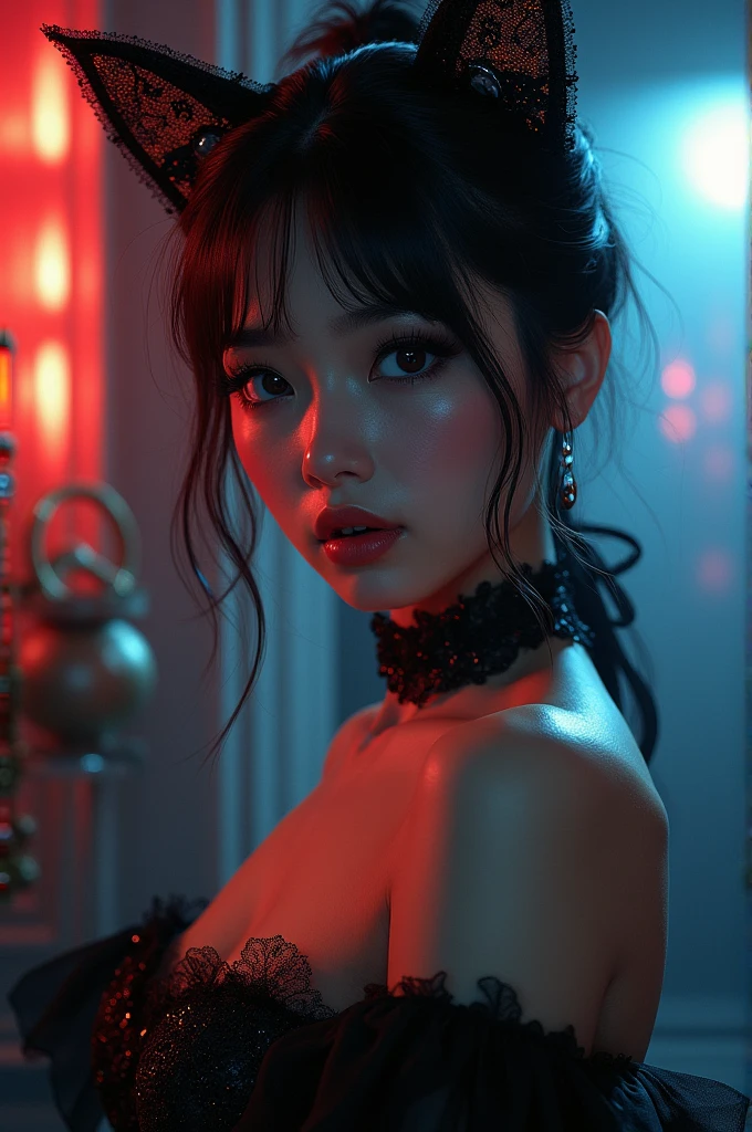 a beautiful young woman with cat ears and a cat-inspired outfit, detailed facial features, striking eyes, full lips, long eyelashes, elegant pose, glowing skin, intricate cat-like makeup, mysterious goth style, dramatic lighting, cinematic composition, hyper-realistic, 8k, high resolution, photorealistic, smooth shading, vivid colors, dramatic lighting, concept art style, digital painting