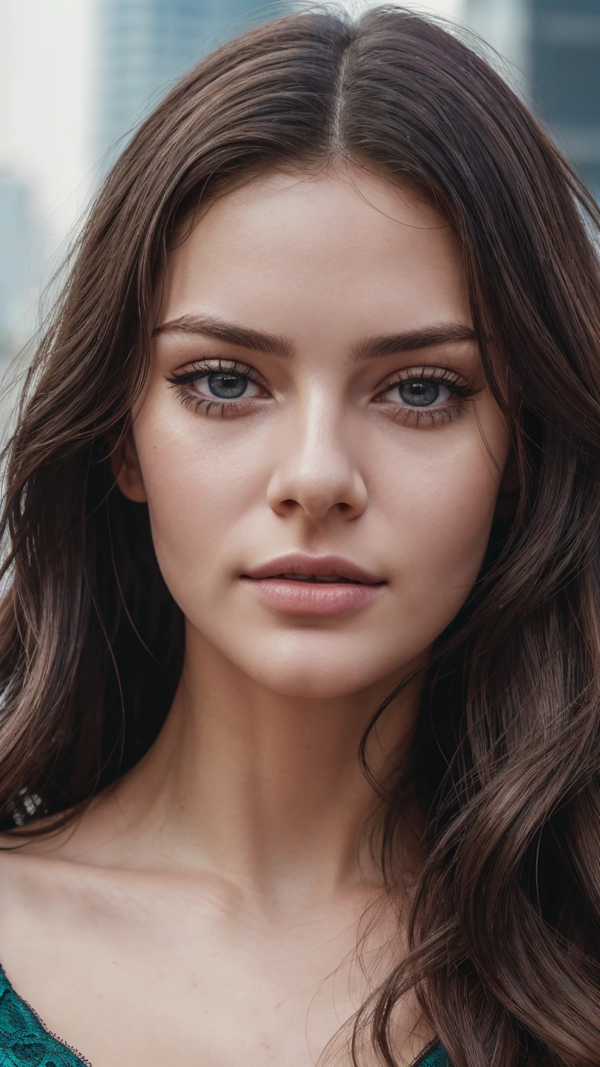 Face portrait photo oF a 21-year-old German woman, .raw, beautiFul woman, half strawberry lips, Fossettes, nostalgic look, green eyes, great student, Large eyelashes, (Brown extra long wavy hair), ((detailed Face)), ((detailed Facial Features)), (Finely detailed skin), red skin, (Deep neckline detailing high-tech cyberpunk dress), Cyberpunk Cyberpunk big city environment, (cold colors), moist, moist, reFlections, (masterpiece) (height ratio / perfect width) (photo realist) (best quality) (detailed) Shot with Canon EOS R5, ObjectiF 50mm, F/2.8, human development report, (8k) (wallpaper) (light) (Dramatic Light) (sharp focus) (complicated)