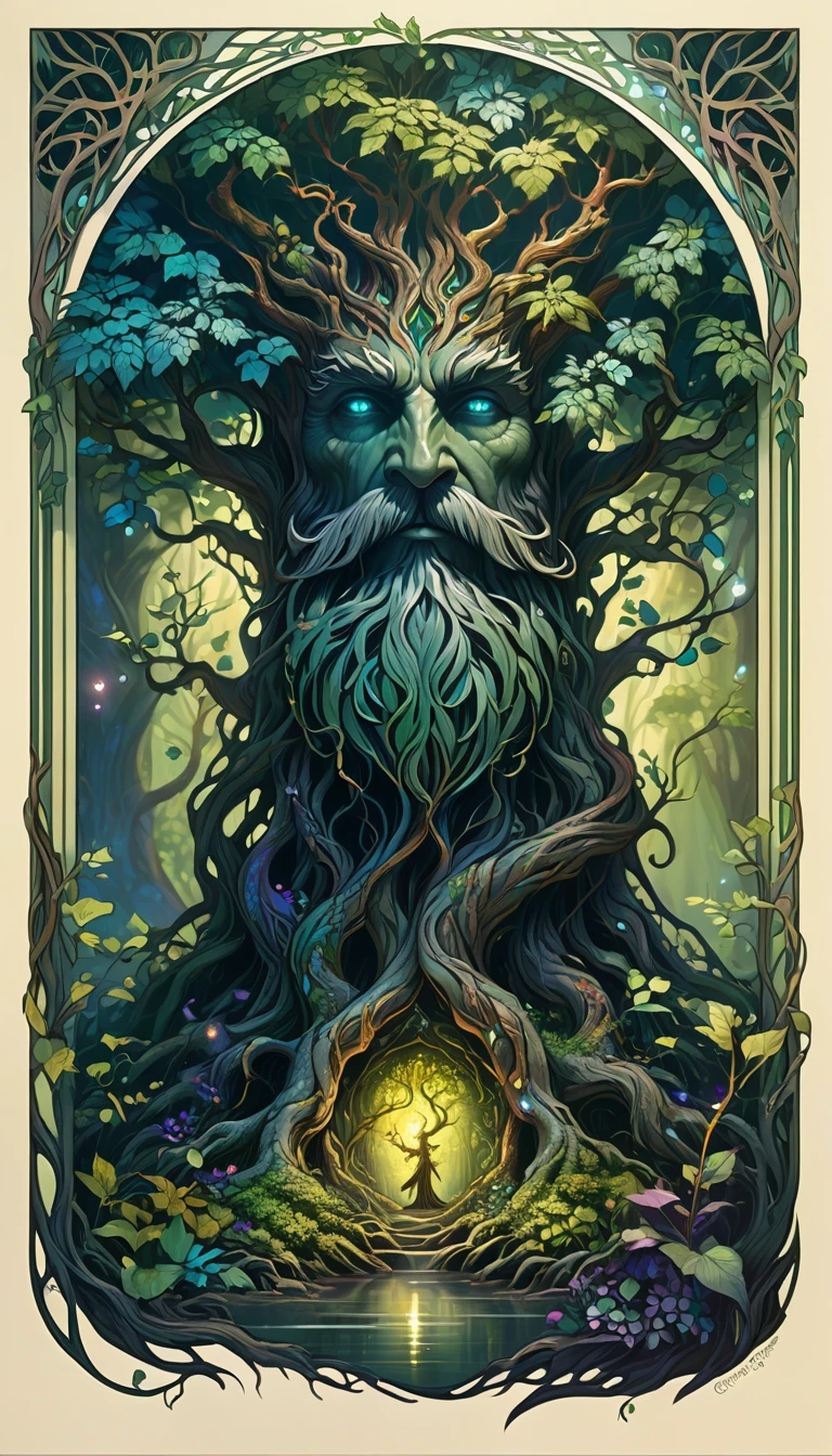 a magical treebeard using nature's power to heal, art nouveau style, ultra-detailed, 8k, highly realistic, dramatic lighting, vivid colors, intricate patterns, organic textures, ethereal atmosphere, fantasy, lush vegetation, glowing magical energy, radiant colors, dramatic shadows and highlights, masterpiece