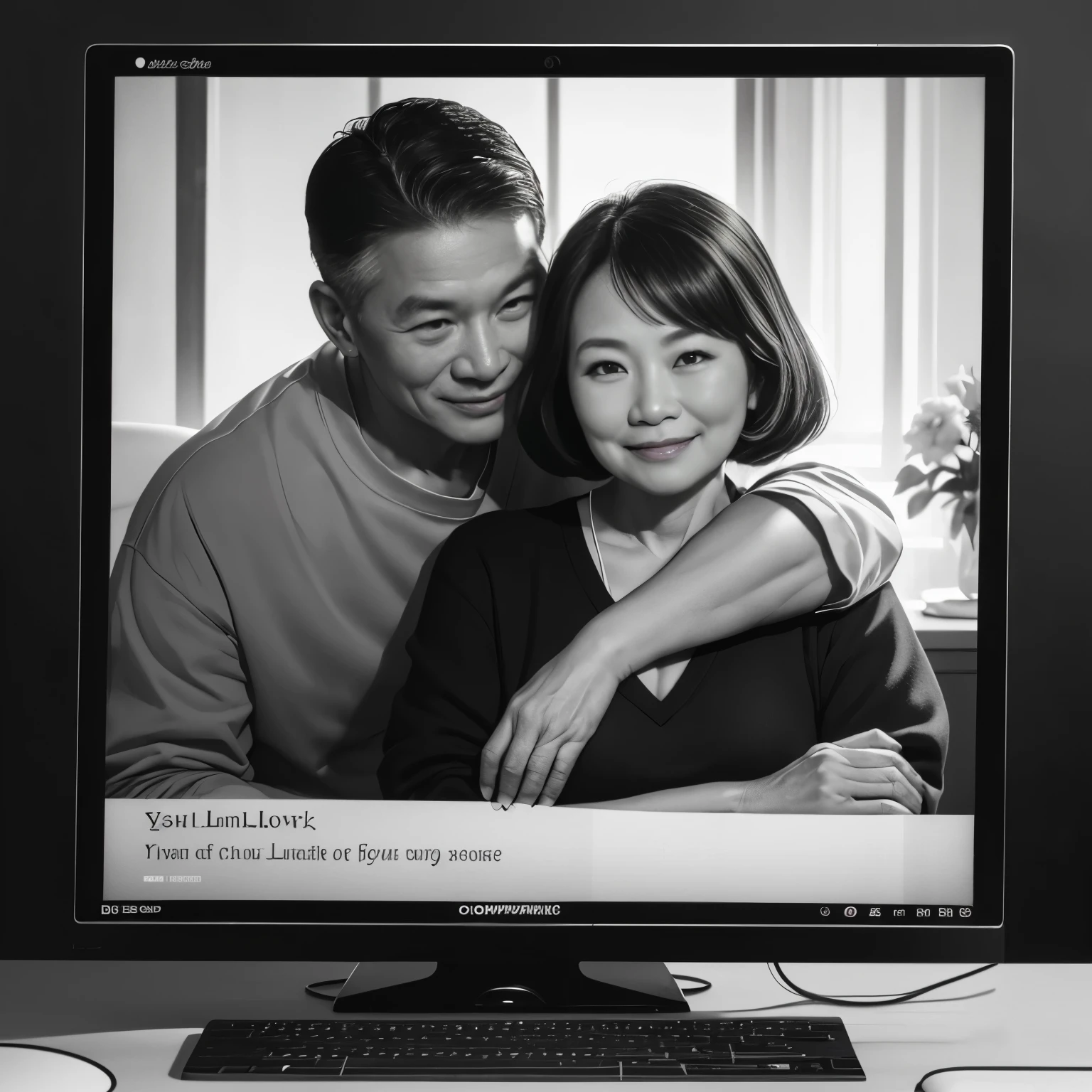 Vietnamese (masterpiece, top quality, best quality, official art, beautiful and aesthetic:1.2) Description: The computer screen turns on, showing the words "My grandparents love each other in the digital age".
Background: The screen background is an old black and white photo of my grandparents when they were young, smiling and looking at the camera.