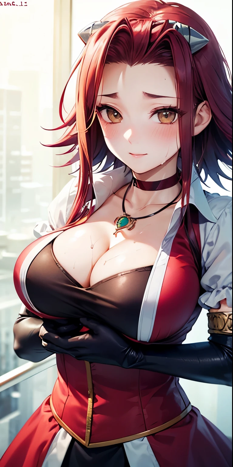 1 Female,High definition,high resolution,Ultra-realistic,8K, aki1, izayoi aki, solo, gloves, elbow gloves, breasts, jewelry, cleavage, choker, necklace, black gloves, large breasts,European,sexy,Upper body close-up,Photographed from the front,Dynamic Angles,blush, medium tits, happy, wink the eye,facial, sweat,multicolored hair 