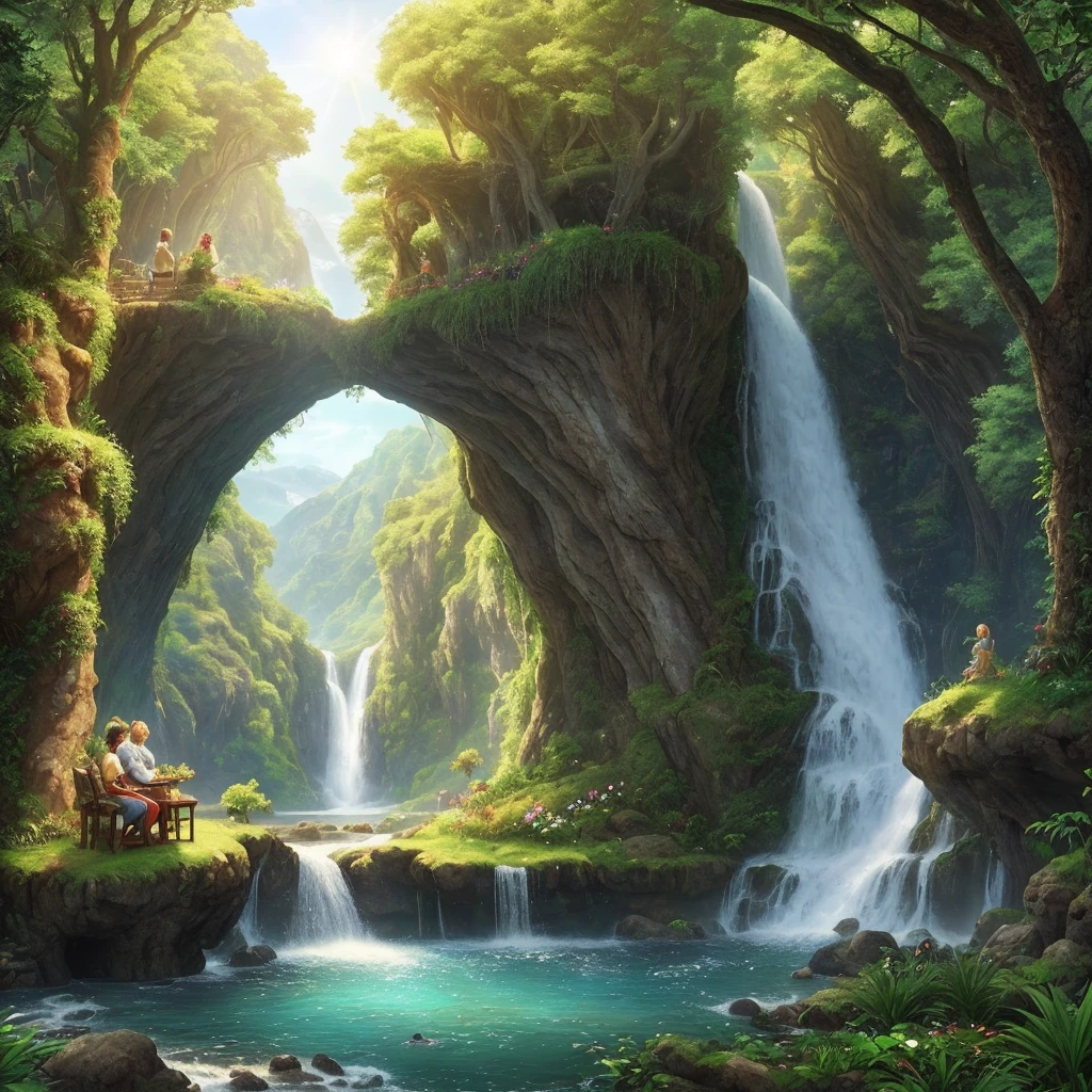 Por favor, create a stunning and realistic image of the Garden of Eden, as described in the Bible. The image should depict an earthly paradise, with clear rivers, lush trees, shipments of peaceful fruits and animals living harmoniously. Make sure the sunlight is radiating gently and comfortably over the scenery, destacando a beleza e a serenidade do local. The image should be in high definition (pelo menos 1920x1080 pixels) for use in a YouTube video about Adam and Eve in Eden. We appreciate your attention to detail and exceptional quality