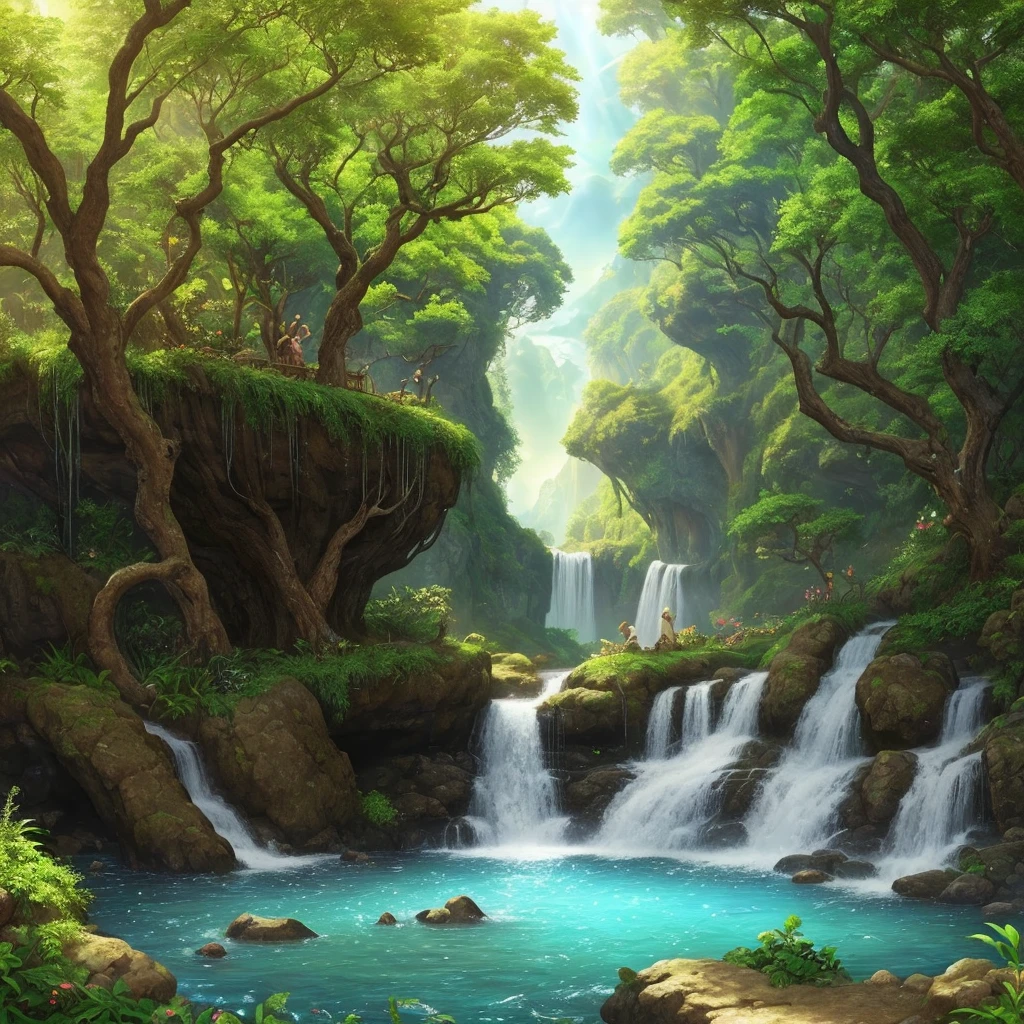 Por favor, create a stunning and realistic image of the Garden of Eden, as described in the Bible. The image should depict an earthly paradise, with clear rivers, lush trees, shipments of peaceful fruits and animals living harmoniously. Make sure the sunlight is radiating gently and comfortably over the scenery, destacando a beleza e a serenidade do local. The image should be in high definition (pelo menos 1920x1080 pixels) for use in a YouTube video about Adam and Eve in Eden. We appreciate your attention to detail and exceptional quality