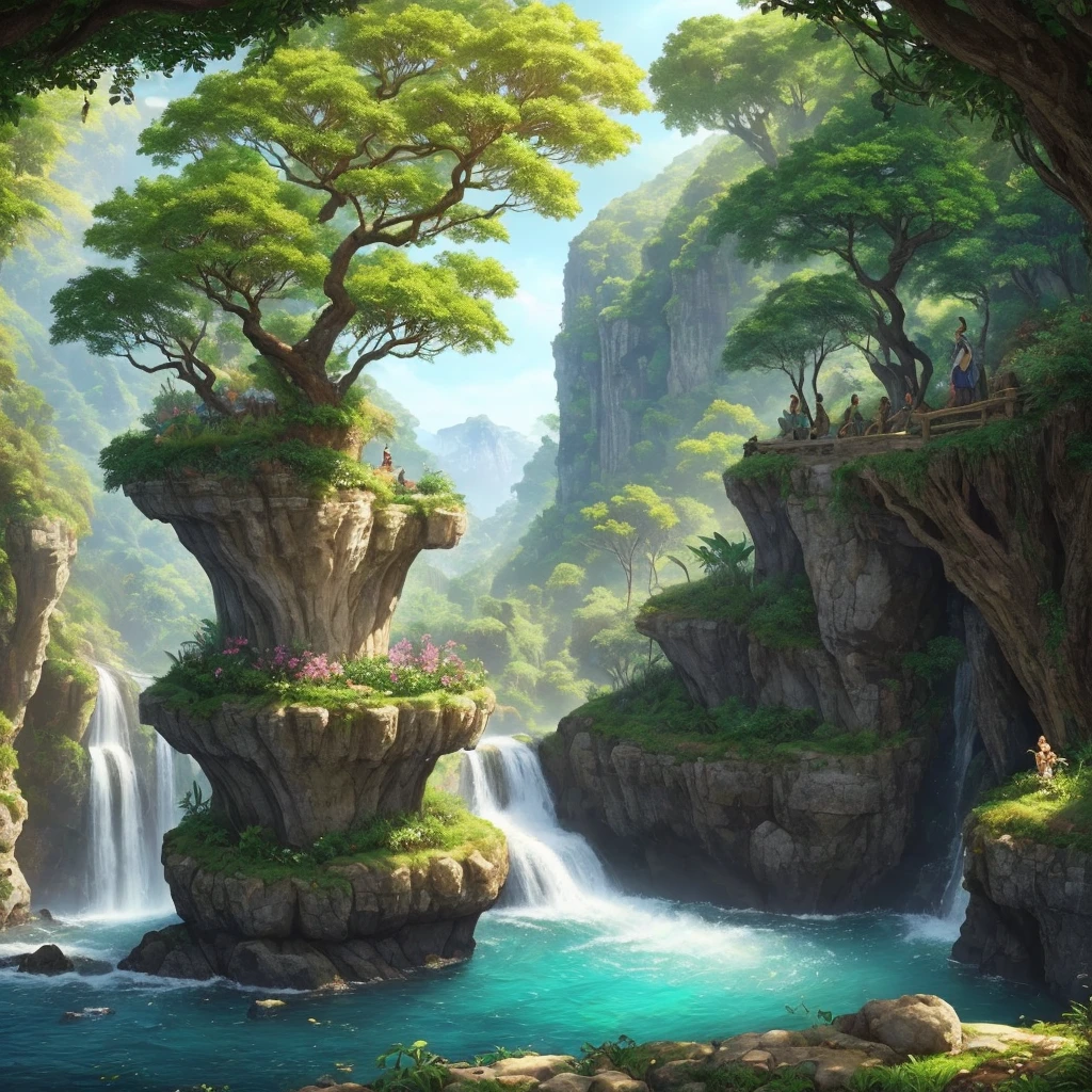 Por favor, create a stunning and realistic image of the Garden of Eden, as described in the Bible. The image should depict an earthly paradise, with clear rivers, lush trees, shipments of peaceful fruits and animals living harmoniously. Make sure the sunlight is radiating gently and comfortably over the scenery, destacando a beleza e a serenidade do local. The image should be in high definition (pelo menos 1920x1080 pixels) for use in a YouTube video about Adam and Eve in Eden. We appreciate your attention to detail and exceptional quality