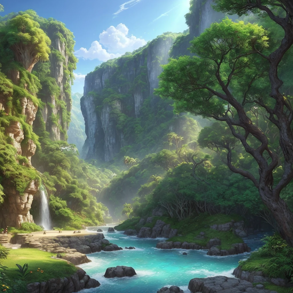 Por favor, create a stunning and realistic image of the Garden of Eden, as described in the Bible. The image should depict an earthly paradise, with clear rivers, lush trees, shipments of peaceful fruits and animals living harmoniously. Make sure the sunlight is radiating gently and comfortably over the scenery, destacando a beleza e a serenidade do local. The image should be in high definition (pelo menos 1920x1080 pixels) for use in a YouTube video about Adam and Eve in Eden. We appreciate your attention to detail and exceptional quality