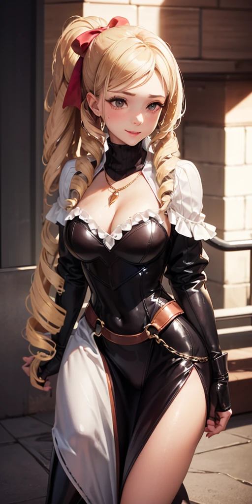 masterpiece, High resolution, Highest quality, Absurd, formal, Face Focus, Perfect Face, Upper Body (Bodycon, Micro Dress) (One girl:1.2) (alone) Long Hair, Blonde, Drill Hair, Brown eyes (Hair Ribbon) White boots (Highly wrinkled, shiny clothing that reflects light:1.2) latex, Fits perfectly against the skin, Glowing Skin, Cleavage, belly button, Golden, necklace, Attractive perfect female proportions, Captivating smile, blush, venue