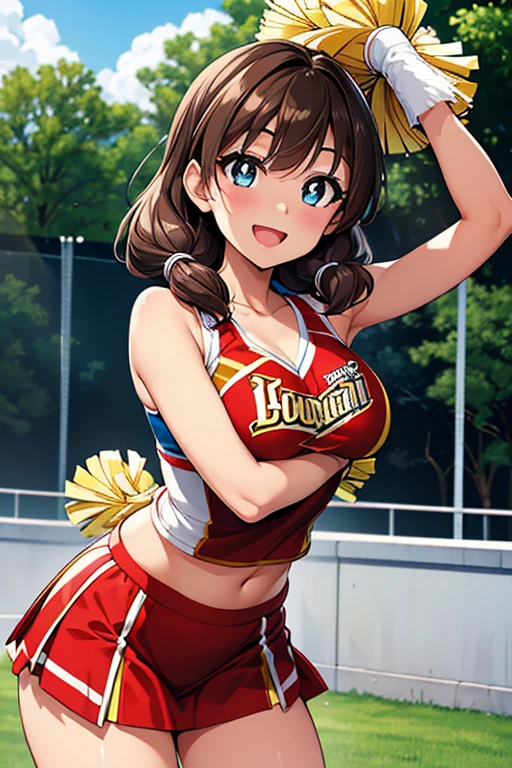 Megumi Amano、Shiny brown hair, Twin tails, Beautiful Blue Eyes、Small waist、Small breasts、Modest chest、smile、Sparkling eyes, (fine grain)、Very fine eye、Highly detailed face, Highly detailed eyes, Cowboy Shot、


Only one female, support, Dancing, (Dynamic pose), 
Cheerleader (Cheerleaderの衣装:1.5), Mature Woman, /(Dark brown hair/) bangs, Blushing and smiling brightly, Open your mouth, (teeth:0.8), (Masterpiece Top quality:1.2) Delicate illustrations, super detailed, break (Holding a pom-pom) break /(court) Grass, Outdoor, audience