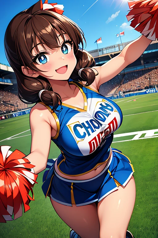 Megumi Amano、Shiny brown hair, Twin tails, Beautiful Blue Eyes、Small waist、Small breasts、Modest chest、smile、Sparkling eyes, (fine grain)、Very fine eye、Highly detailed face, Highly detailed eyes, Cowboy Shot、


Only one female, support, Dancing, (Dynamic pose), 
Cheerleader (Cheerleaderの衣装:1.5), Mature Woman, /(Dark brown hair/) bangs, Blushing and smiling brightly, Open your mouth, (teeth:0.8), (Masterpiece Top quality:1.2) Delicate illustrations, super detailed, break (Holding a pom-pom) break /(court) Grass, Outdoor, audience