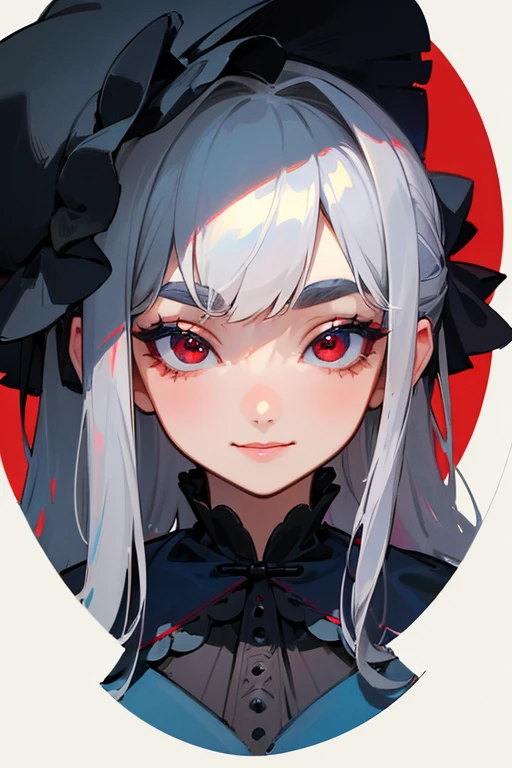(Highest quality, masterpiece:1.2), High resolution, 最高masterpiece、Very detailed, Realistic:1.37, Fantasy, An illustration,Gray Hair、 Red eyes、Queen, Navy and blue dress、beautifully、Eyeshadow Red、Thick eyebrows、Long eyelashes、pupils are black、shiny on the lips、Top Sites、Queen、Princess、A kind smile、Soft impression、people々Loved by、Slimming the face、Shoulder Bare、ponytail、Kissing Face、Long white hair、Shaggy Bangs、(Save face image).(Gothic ta)、(A kind smile)、