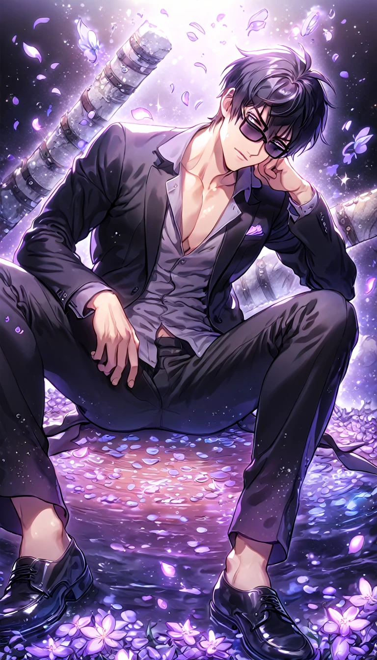 Ultra detailed, HDR, Highres, absurdres, master piece, Nicholas D. Wolfwood, black hair, expressive gray eyes, black sunglasses, black jacket, grey shirt, black pants, Trigun, sexy man sitting, handsome, purple flowers, petals, fantasy, magical, purple leaves, handsome, best quality, glittering, manly man, sensual, horny, water, purple shining fireflies, solo,