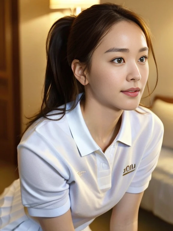 (Masterpiece, Best quality: 1.4), (Ultra realistic, Photo-realistic: 1.2), Seductive pose, (kneeling: 1.3), Beautiful thighs, spread legs, Looking at viewer, Natural light, 28 years old actress, Japanese women, (arms behind back: 1.2), Neat and clean, ((Wearing white tennis uniform, White short-sleeve polo shirt with collar: 1.2)), (unbutton:1.2), ((Wearing white pleated tennis skirt: 1.2)), (ponytail: 1.2), Light brown hair color, (Beautiful Face), Oval face, clear, (Beautiful eyes, Kind eyes), (Clear skin), Small face, (Small mouth, Beautiful mouth), Natural makeup, Approachable, Luxury hotel Suite room, Seductive smile, Bedroom eyes, Embarrassed, blush,