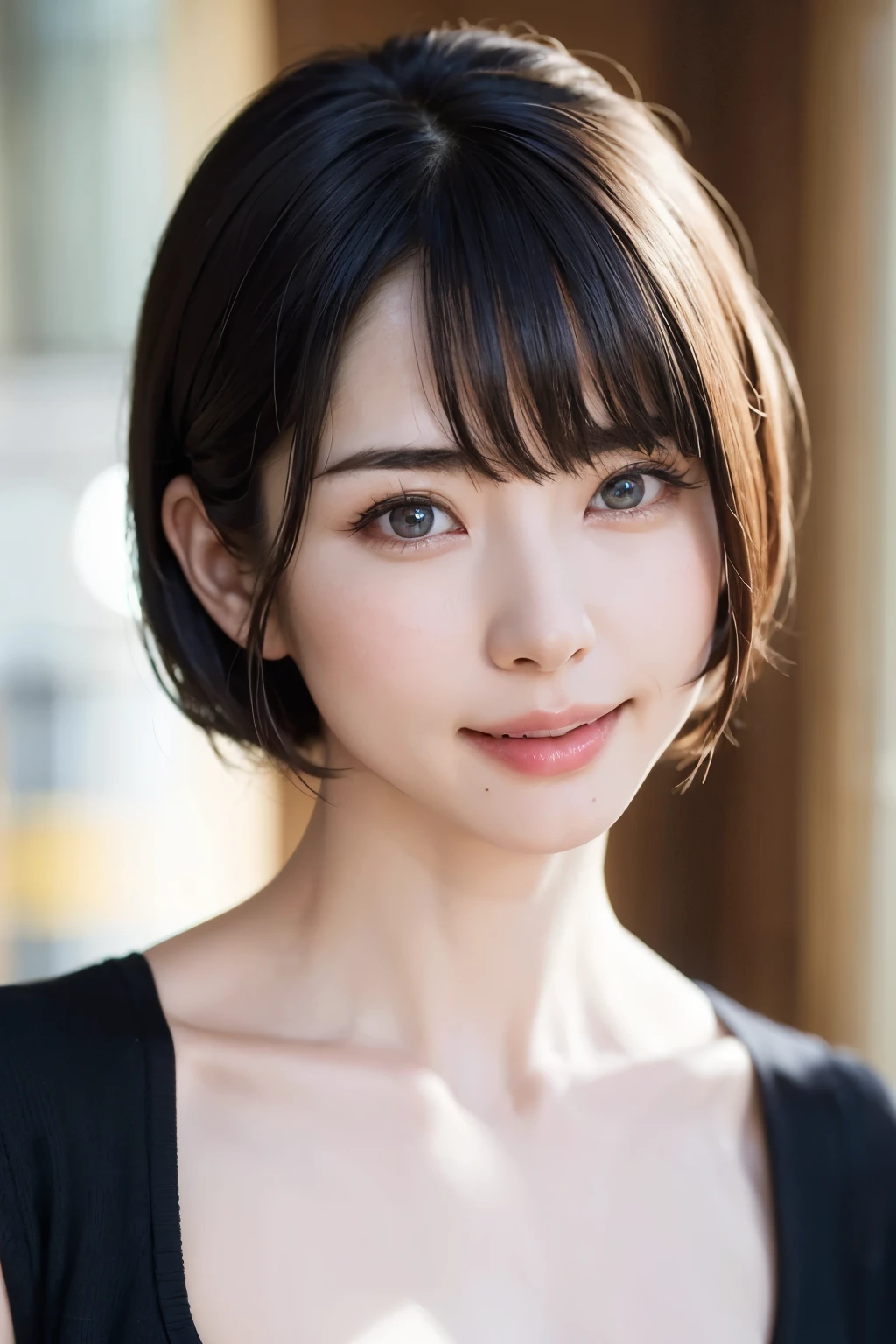 (Tabletop, Highest quality、Very attractive adult beauty、Add strong highlights to the eyes、Look closely at the camera:1.4、A beautiful woman with mature charm、Ideal body type、Perfect ???????、Short brunette bob、Shiny Hair、Lip gloss),One Girl, alone, 明るい茶色のShiny Hair, scarf,Realistic, Looking at the audience、Please tilt your head a little, Bright colored crystal light blue eyes, 短いShiny Hair、 chestの中央に穴が開いた白いタートルネックの服,chestの真ん中に丸い穴が開いたセクシーな白いタートルネックのニットセーター、 lips, Lip gloss，prohibit, Upper Body、Big eyes、eyelash、Face is a little red、Embarrassing)、((Italian road system in winter))、((Short hair with bangs、Big eyes、Give students a very strong highlight、{Huge|big|Hugeな|Mega} chest:1.4、very bigger chest、Gazing at the audience、Very beautiful beauty、Listen carefully、Long neck、Laugh a little、Beautiful Teeth、Laughing with your mouth open、Heart-shaped pupils))、28 years old、Very cute supermodel、