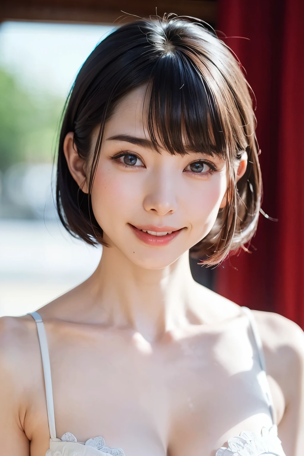 (Tabletop, Highest quality、Very attractive adult beauty、Add strong highlights to the eyes、Look closely at the camera:1.4、A beautiful woman with mature charm、Ideal body type、Perfect Anatomy、Short brunette bob、Shiny Hair、Lip gloss),One Girl, alone, 明るい茶色のShiny Hair, scarf,Realistic, Looking at the audience、Please tilt your head a little, Bright colored crystal light blue eyes, 短いShiny Hair、 chestの中央に穴が開いた白いタートルネックの服,chestの真ん中に丸い穴が開いたセクシーな白いタートルネックのニットセーター、 lips, Lip gloss,prohibit, Upper Body、Big eyes、eyelash、Face is a little red、Embarrassing)、((Italian road system in winter))、((Short hair with bangs、Big eyes、Give students a very strong highlight、{Huge|big|Hugeな|Mega} chest:1.4、very bigger chest、Gazing at the audience、Very beautiful beauty、Listen carefully、Long neck、Laugh a little、Beautiful Teeth、Laughing with your mouth open、Heart-shaped pupils))、28 years old、Very cute supermodel、