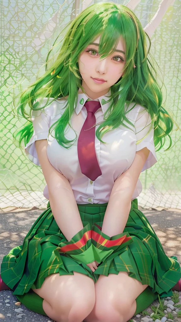 Arabian woman with green hair and red tie sitting on the ground, hyperRealistic school girl, a hyperRealistic school girl, Anime Girl Cosplay, Realistic school girl, Beautiful anime school girl, rei hiroe, Realistic young anime girl, Beautiful and attractive anime , Photorealistic Animation, Enchanting anime girl, Higurashi, Real life anime girls