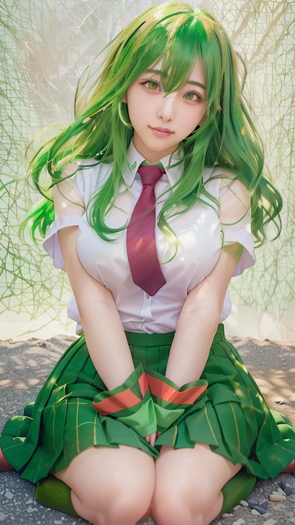 Arabian woman with green hair and red tie sitting on the ground, hyperRealistic school girl, a hyperRealistic school girl, Anime Girl Cosplay, Realistic school girl, Beautiful anime school girl, rei hiroe, Realistic young anime girl, Beautiful and attractive anime teen, Photorealistic Animation, Enchanting anime girl, Higurashi, Real life anime girls