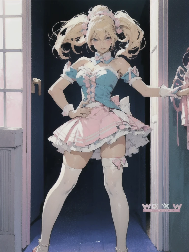 A blonde woman dressed in blue and pink is posing for a photo, Enchanting anime girl, Anime Barbie in White Stockings, Beautiful and attractive anime teen, Beautiful and attractive anime woman, Highly detailed art gems, Splash Art Anime ****, Naughty anime style, Top rated on pixiv, Naughty Style, Inspired by Masamune Shirow