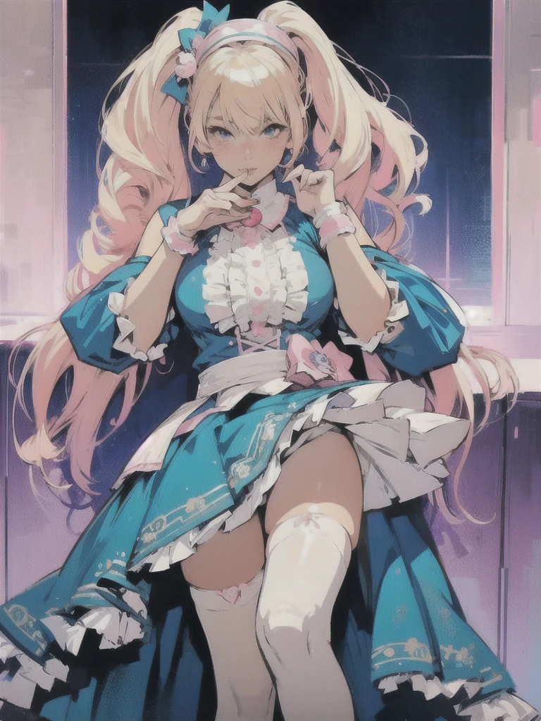 A blonde woman dressed in blue and pink is posing for a photo, Enchanting anime girl, Anime Barbie in White Stockings, Beautiful and attractive anime teen, Beautiful and attractive anime woman, Highly detailed art gems, Splash Art Anime Loli, Naughty anime style, Top rated on pixiv, Naughty Style, Inspired by Masamune Shirow